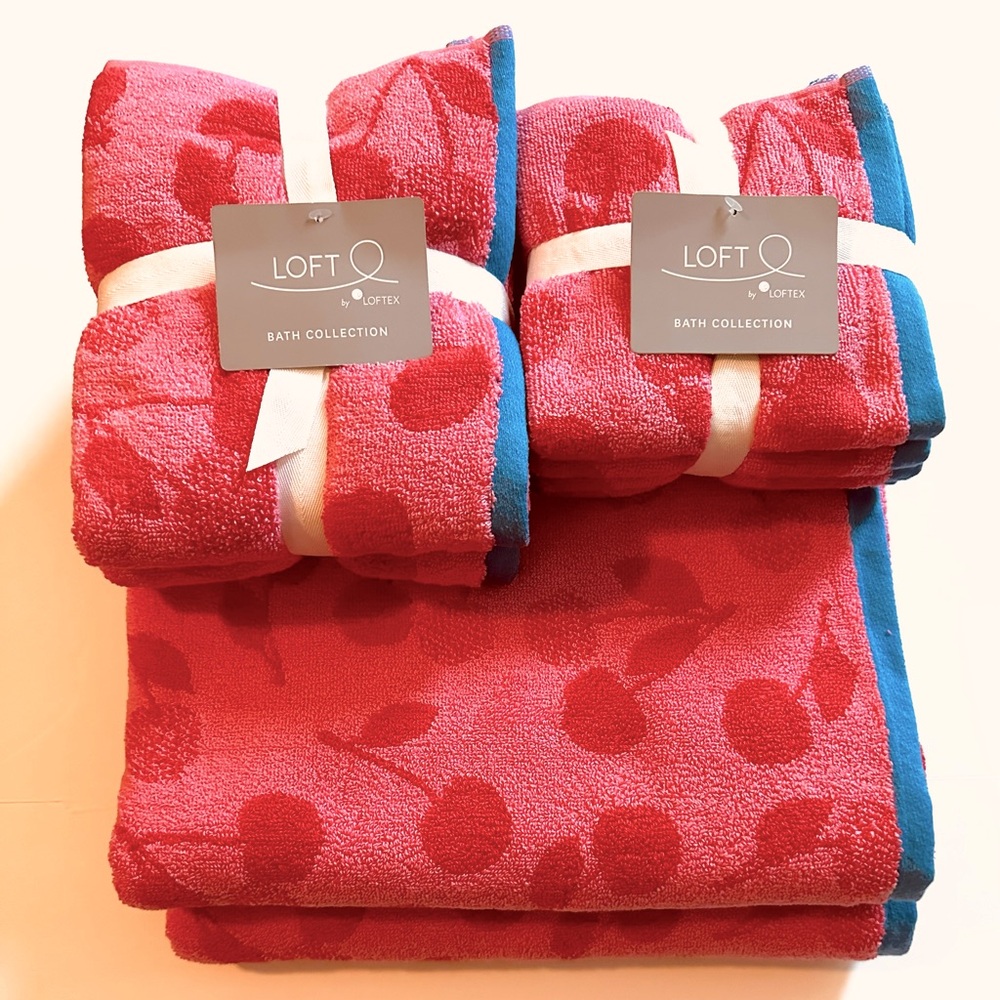 🎁8PC LOFT Bath Towel Set - 8 Pieces - CHERRIES PINK RED - 100% Cotton